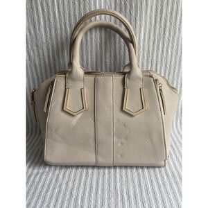 Madison West Beige Pebbled Vegan Leather Satchel Handbag Gold Tone Hardware